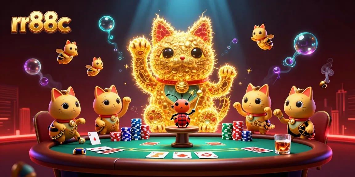 Play exciting games at rr88c casino with a lucky cat symbol and vibrant poker elements.