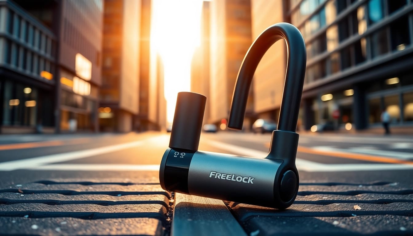 Freelock Fahrradschloss präsentiert im städtischen Umfeld mit robustem Design.