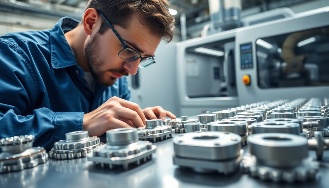 Präzise bearbeitete cnc frästeile auf einem Werkbank mit einem Facharbeiter im Fokus.