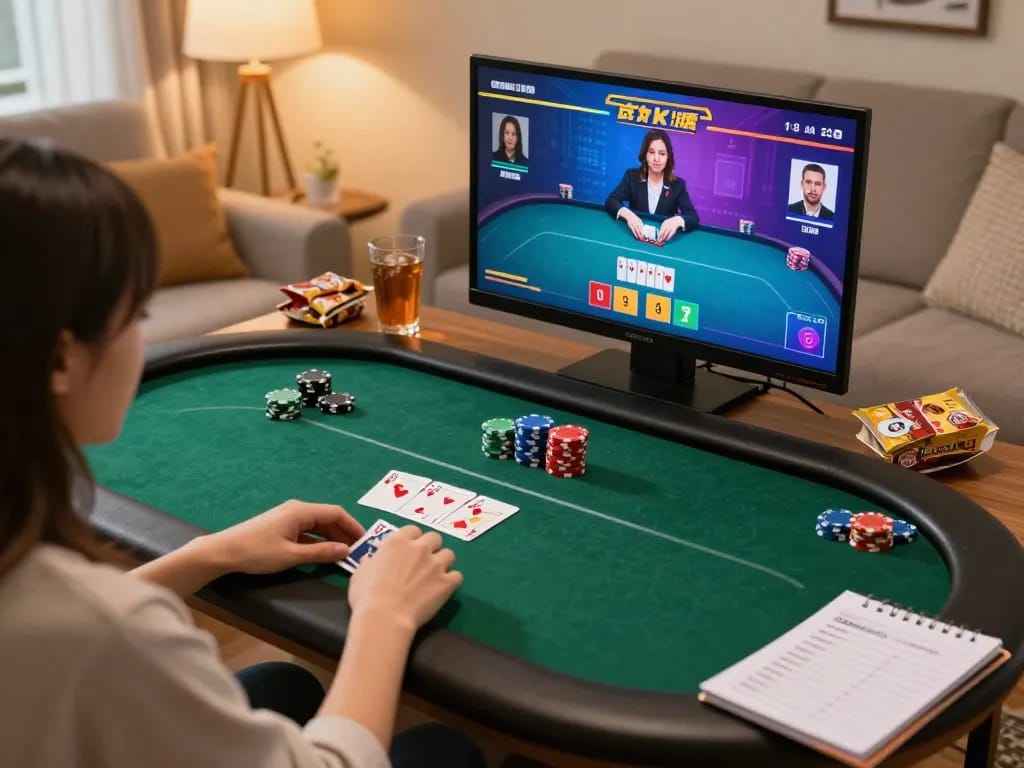 Engaged player enjoying aud77 online poker game with focused strategy and cozy ambiance.