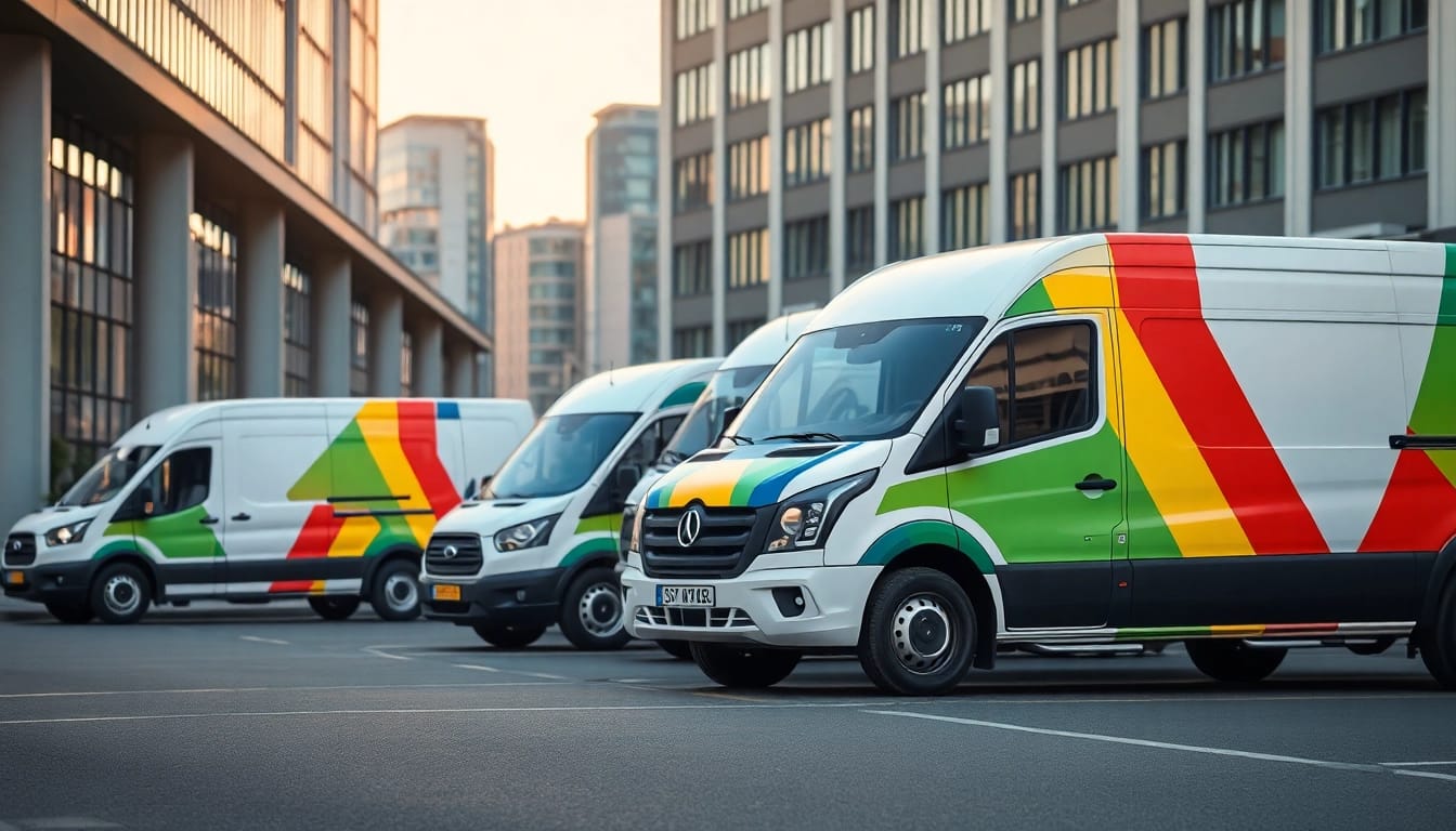 Auto bestickeren: Professionell gestaltete Fahrzeuge vor urbaner Kulisse.