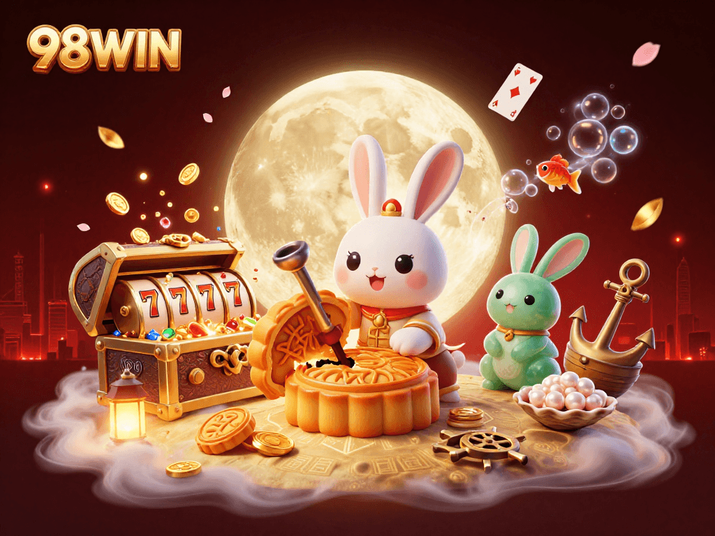 Experience thrilling gameplay with 98WIN as a moon rabbit reveals poker chips inside golden mooncakes.