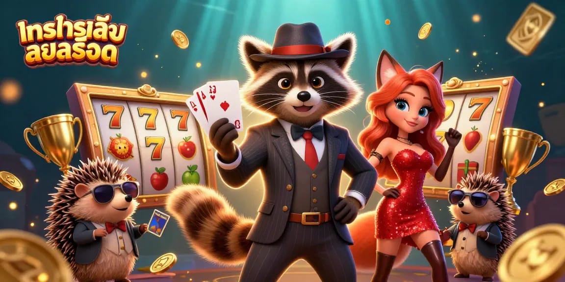 Experience the thrill of ทดลองเล่นสล็อต with a cartoon raccoon, fox, and hedgehog in a winning scene.