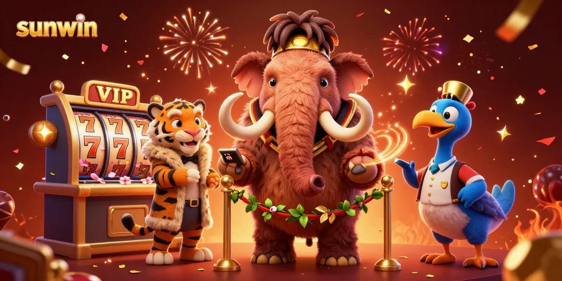 Experience excitement at sunwin with a vivid scene featuring a woolly mammoth bouncer, lucky slot elements, and vibrant decorations.