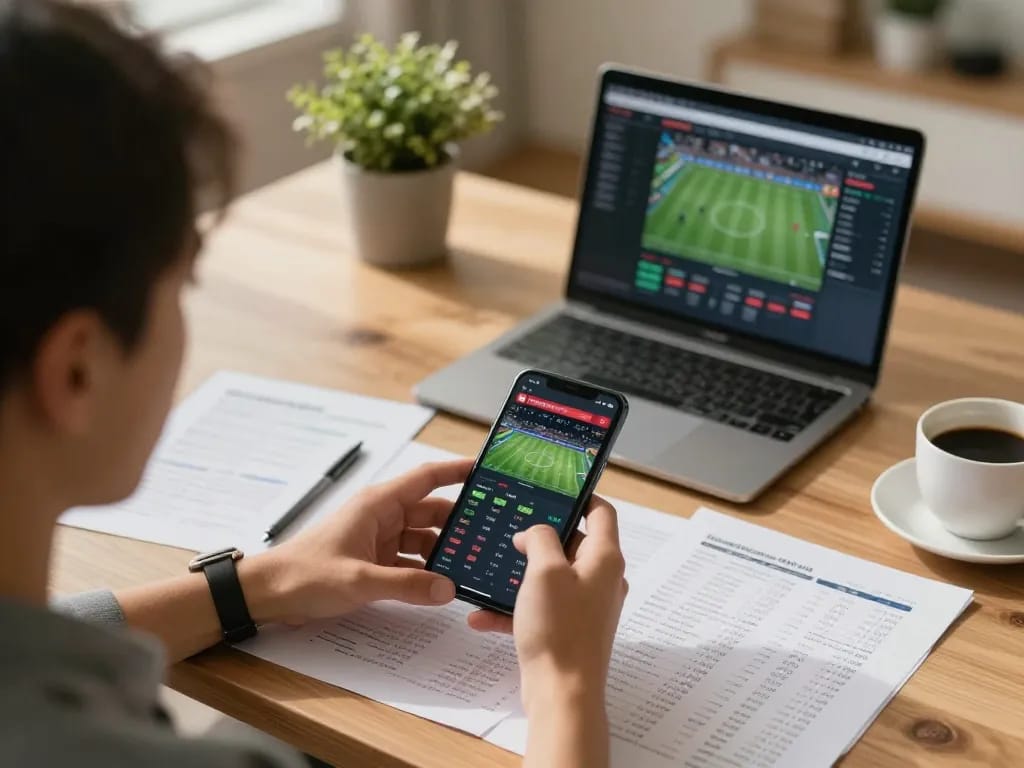 Person analyzing live sports betting odds on XOCDIA88 smartphone in modern home office