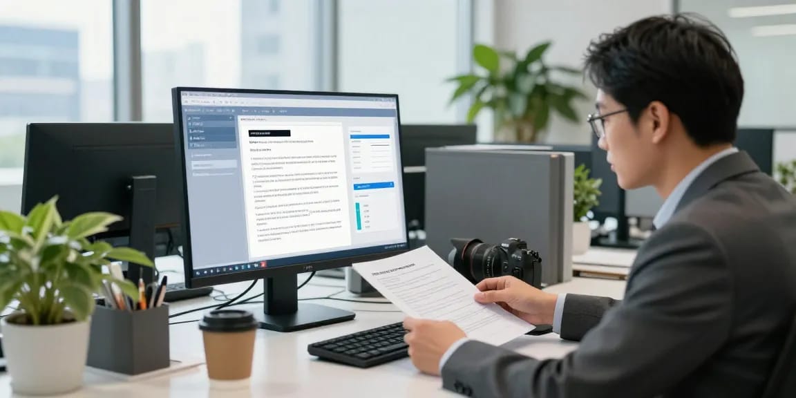 Compliance officer analyzing document fraud detection insights on multiple monitors in a professional office.