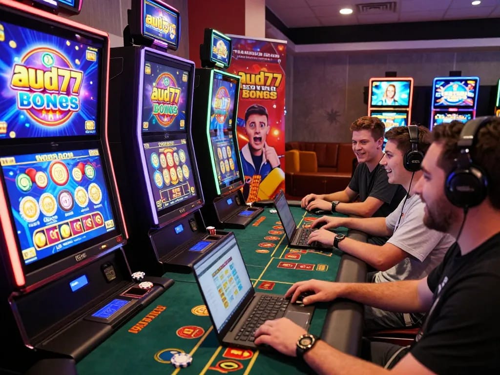 The excitement of aud77 online gambling captured in a vibrant casino scene with players at digital slot machines and table games.