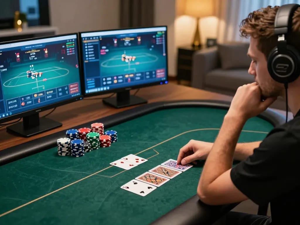 Engaged player strategizing in online poker game while using multiple screens for better odds at https gaming