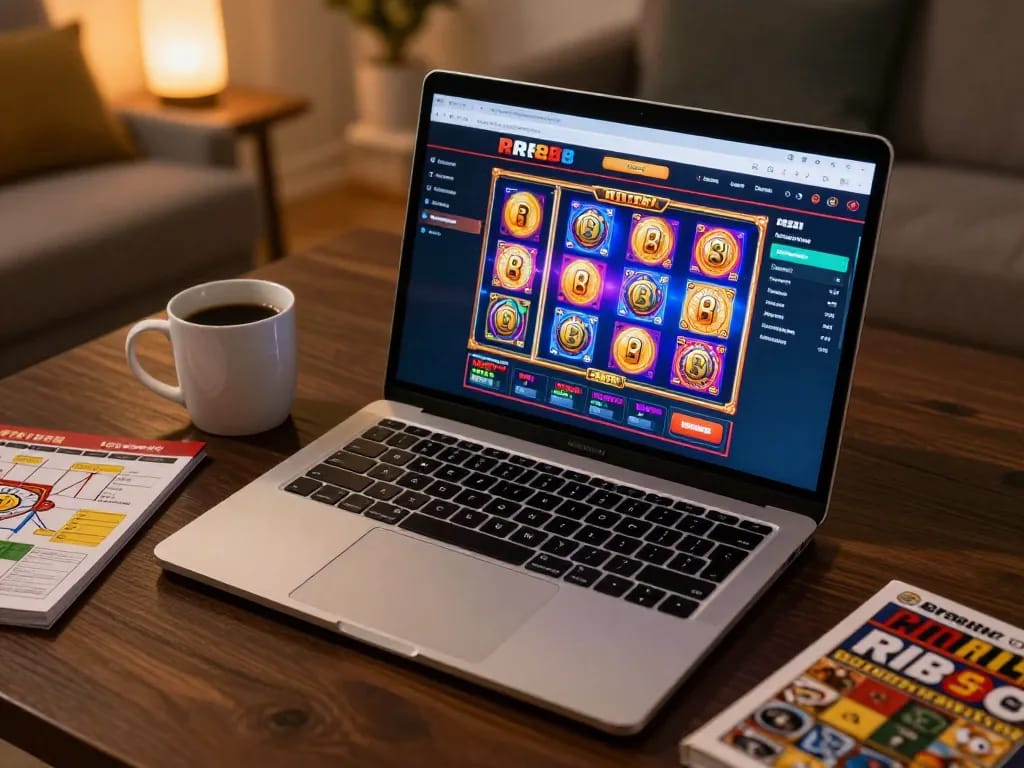Enjoying a thrilling RR88 gaming experience on a modern laptop with vibrant visuals and cozy ambiance