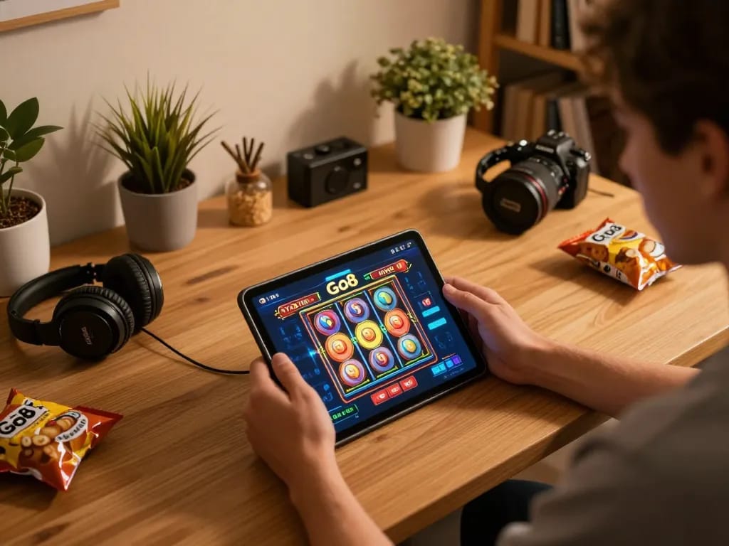 Engaging with Go8 vin casino app on tablet while playing colorful slot games at home.
