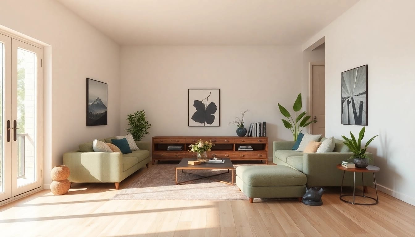 Moderne Raumgestaltung mit warmem Licht und harmonischen Farben in einem stilvollen Wohnraum.