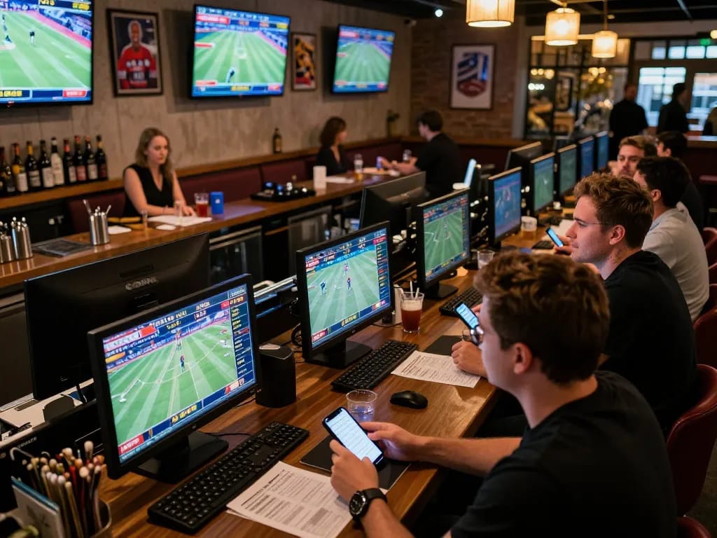 Kuwin1 users enjoy betting while watching live sports in an upscale lounge.