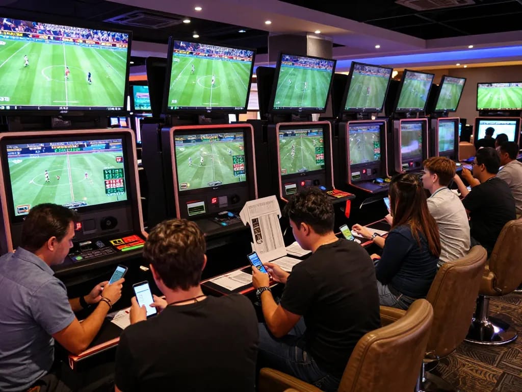 Experience Kết quả bóng đá live at a busy sports betting lounge with engaged bettors and dynamic screens.