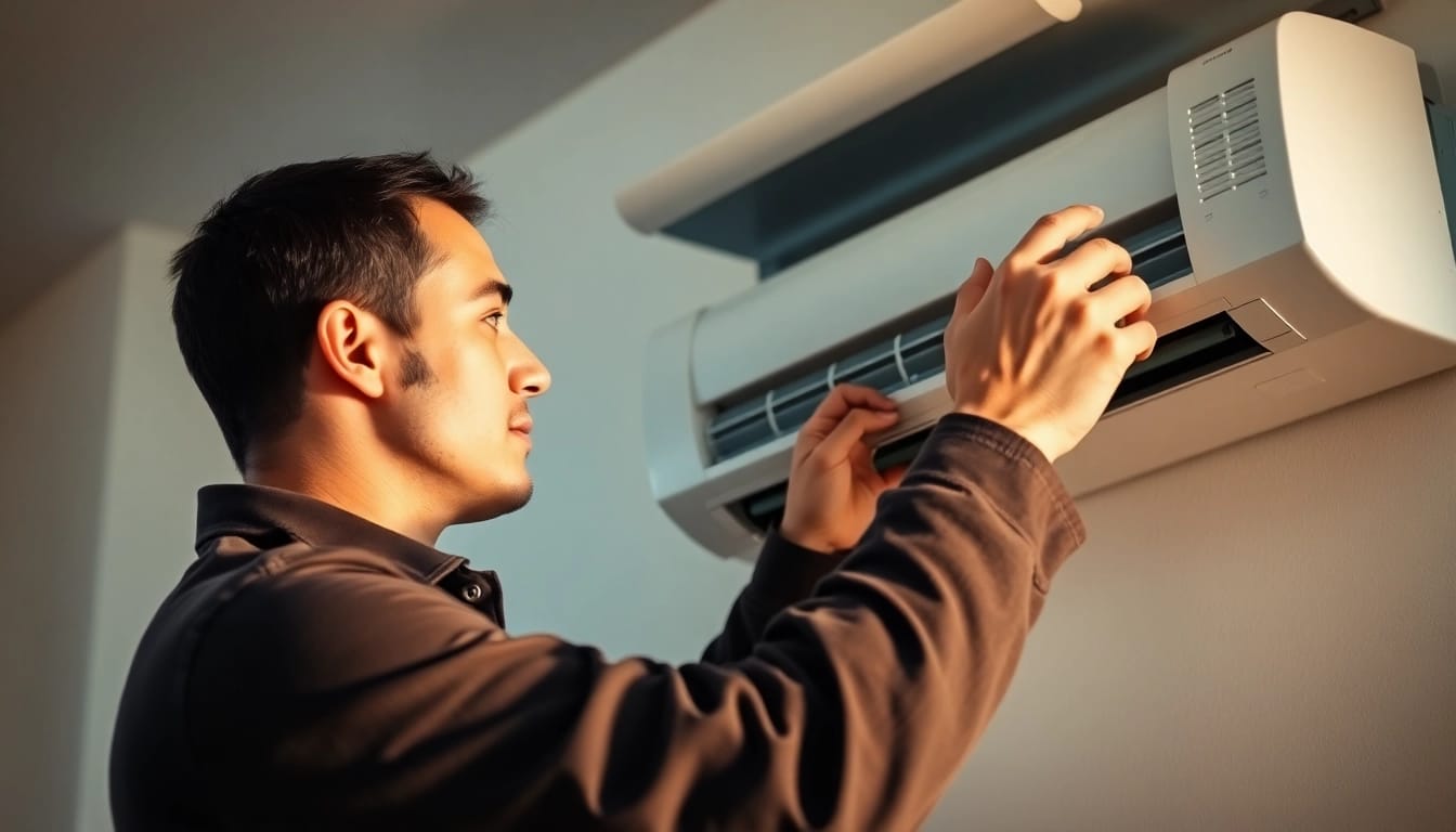 Kosten für eine Klimaanlage: Professional installing a unit in a bright home, showcasing expertise.