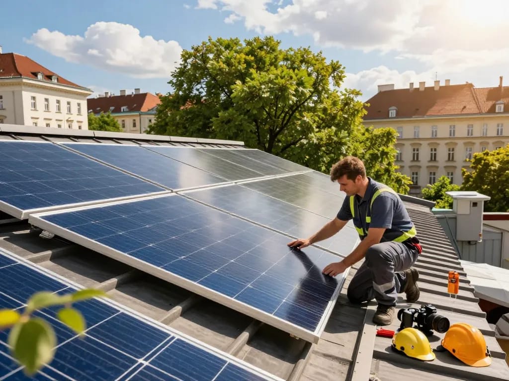 Installationsszene von Photovoltaik Wien mit Techniker und Solarpanelen, die nachhaltige Energielösungen präsentieren.