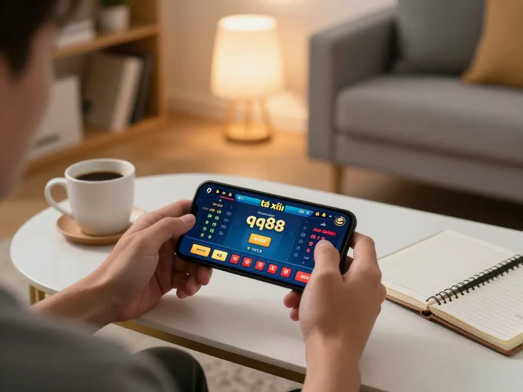 Tài xỉu qq88 gameplay on smartphone in a cozy home setting with strategic notes and coffee.