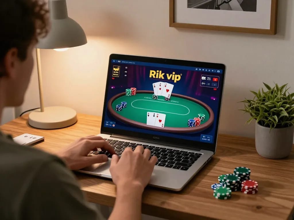 Player strategizing at home using rik vip online poker interface, showcasing a stylish and comfortable gaming setup.
