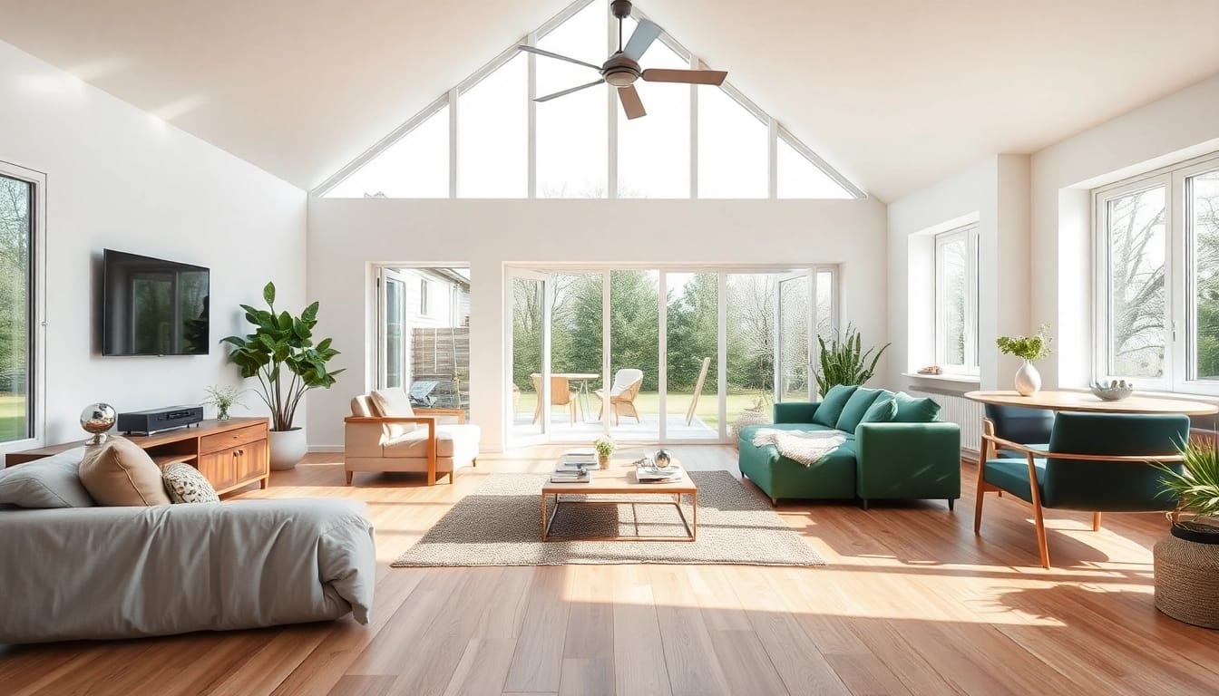 Modernisierter Wohnraum mit offenem Konzept, hellen Farben und Holzparkett, verkörpert die Essenz der Hausrenovierung.