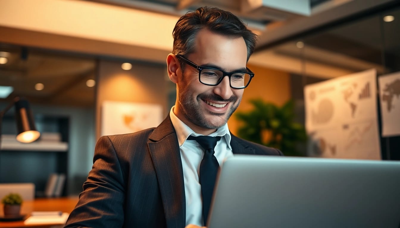 Professioneller Headhunter Executive Search in einem modernen Büro, der konzentriert am Laptop arbeitet.