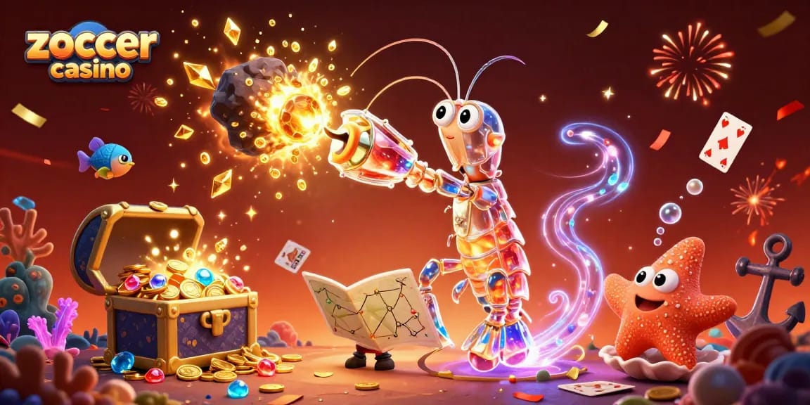 Zoccer casino showcases a galactic mantis shrimp and starfish in an explosive, colorful casino scene.