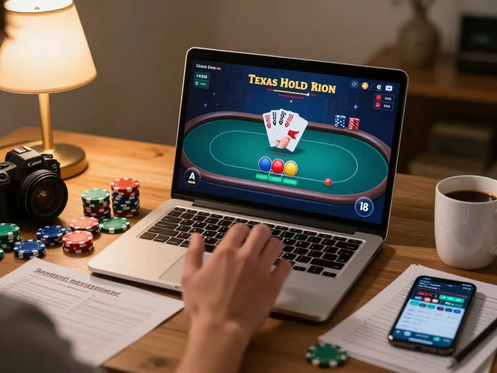 Engaging home poker scene for soibetbiz, showing a user preparing bets on an online game, reflecting strategic gaming.