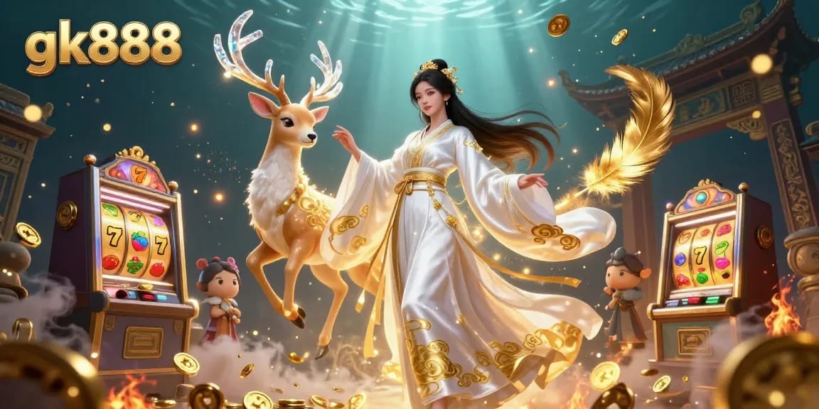 Win big with the gk888 casino experience featuring dynamic 3D illustration of slot games, winnings, and enchanting visuals.