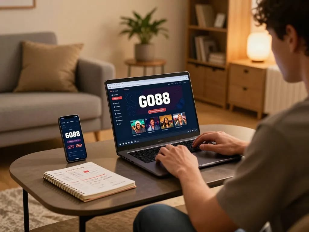 Player engaging with the GO88 app on a laptop in a cozy home gaming setup.