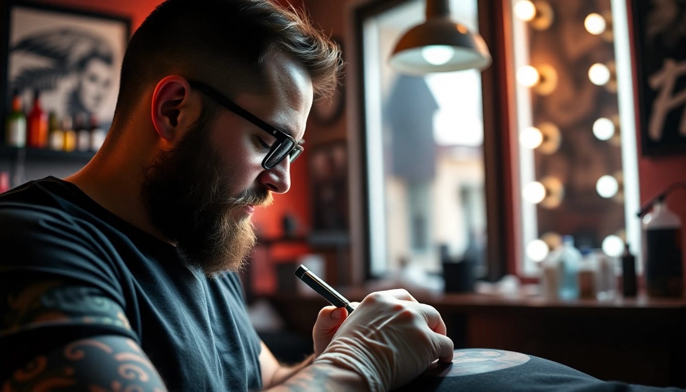 Ein professioneller Tätowierer im Tattoo Studio München kreiert ein kunstvolles Tattoo-Design für einen Kunden.