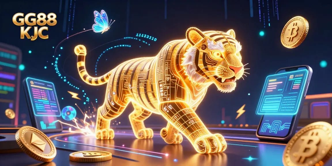 Experience gaming excitement with GG88 KJC in this vibrant digital casino scene featuring a golden tiger and crypto elements.