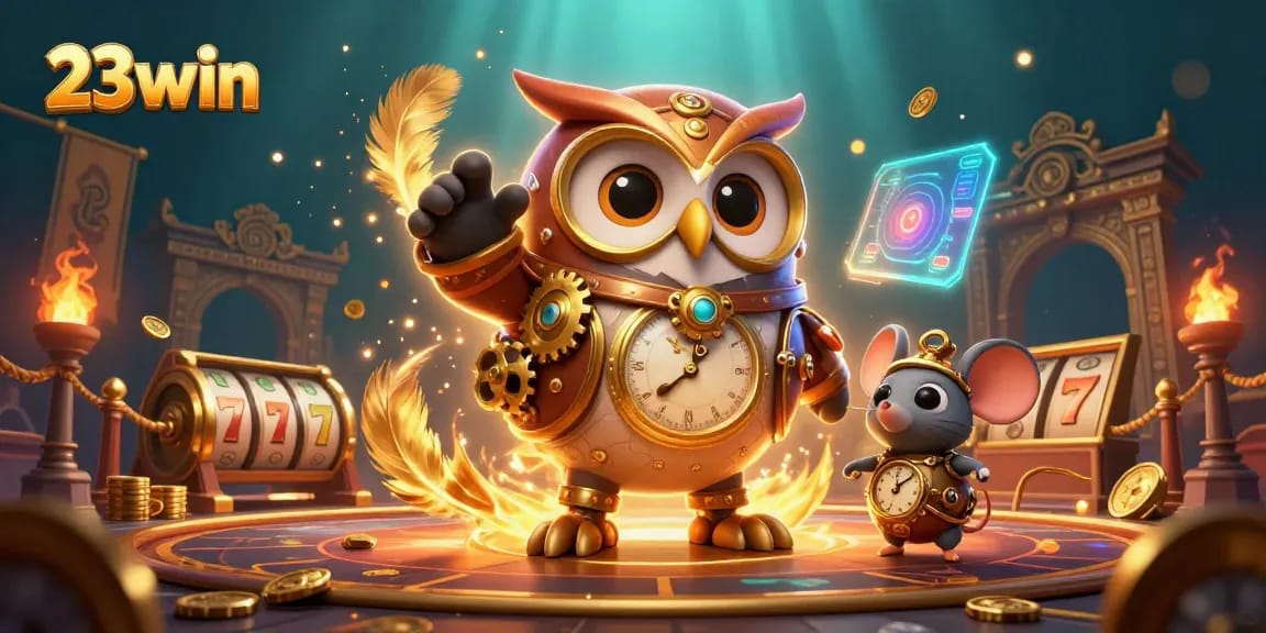 Engage in thrilling slots action with 23win's time-traveler owl illustration in a vibrant, steampunk casino