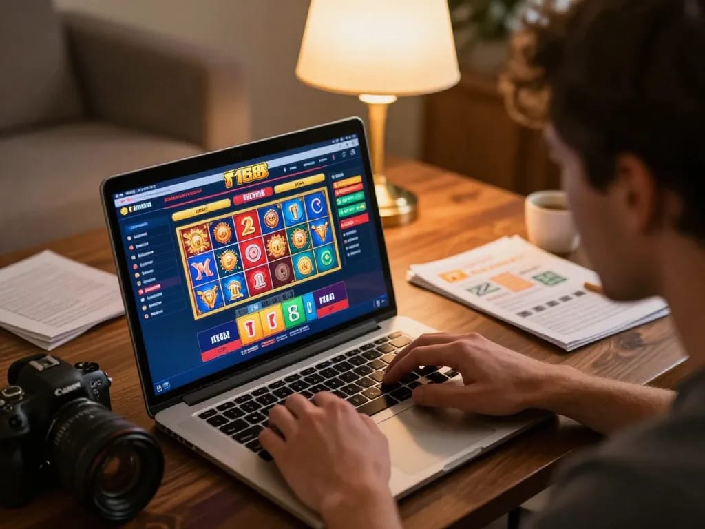 Playing online casino games on f168 with a laptop showing vibrant graphics and betting strategies.