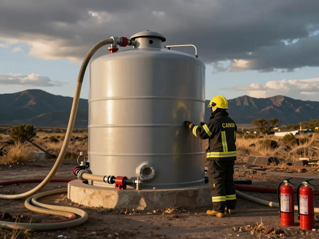 Löschwasserzisterne Dimensionierung Feuerwehr während der Feldinspektion, flexibler Löschwasserbehälter in rauer Landschaft.