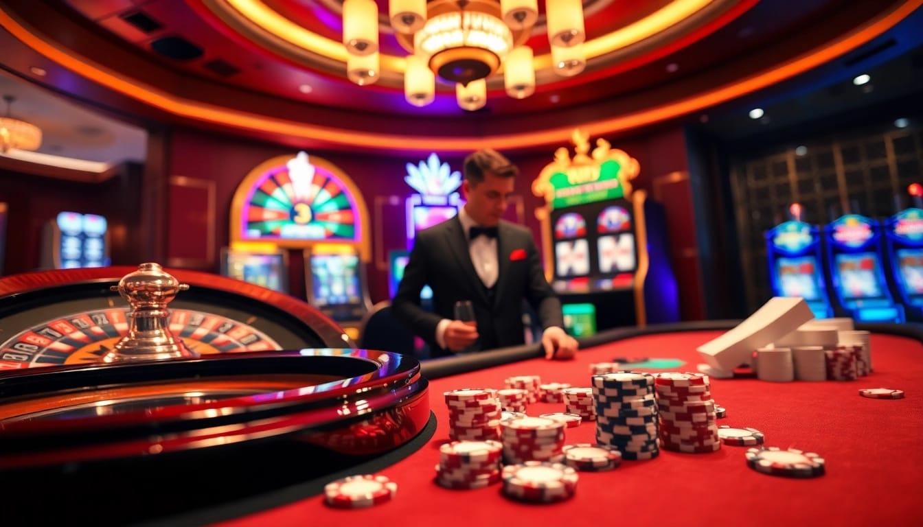 Engage in thrilling gameplay with https://nk88z.com/ featuring poker chips and a roulette wheel.