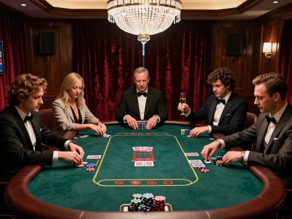 KJC players enjoying high-stakes poker in a luxurious gaming room with an elegant atmosphere
