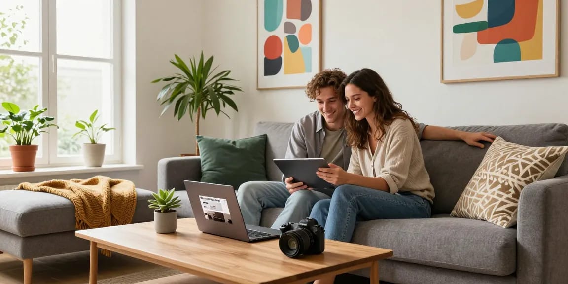 Paar genießt das Möbelshopping zu Hause und erkundet Möbel online bestellen auf einem Laptop.