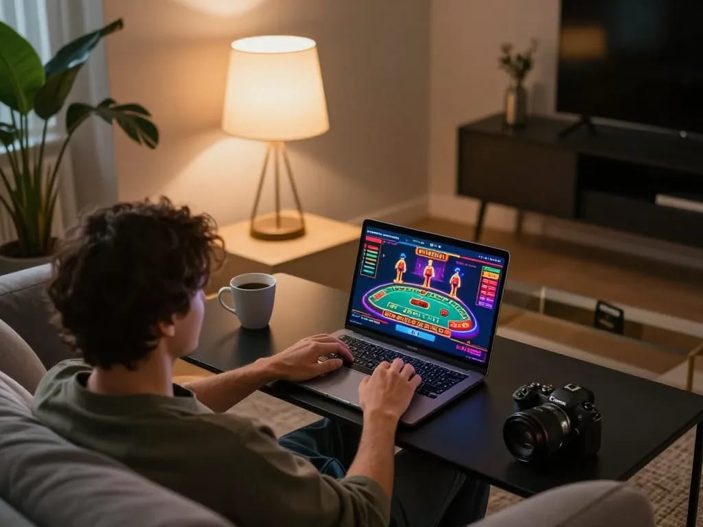 28bet8 player enjoying online casino experience on stylish laptop in comfortable home setting.