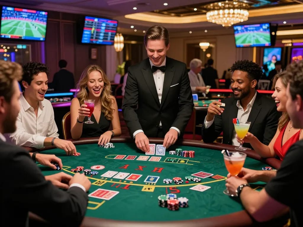 Exciting live casino scene at bong99 with players engaged in blackjack under ambient lighting.