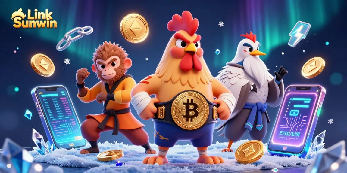 Play games using Link Sunwin with exciting elements like crypto coins and vibrant casino characters.
