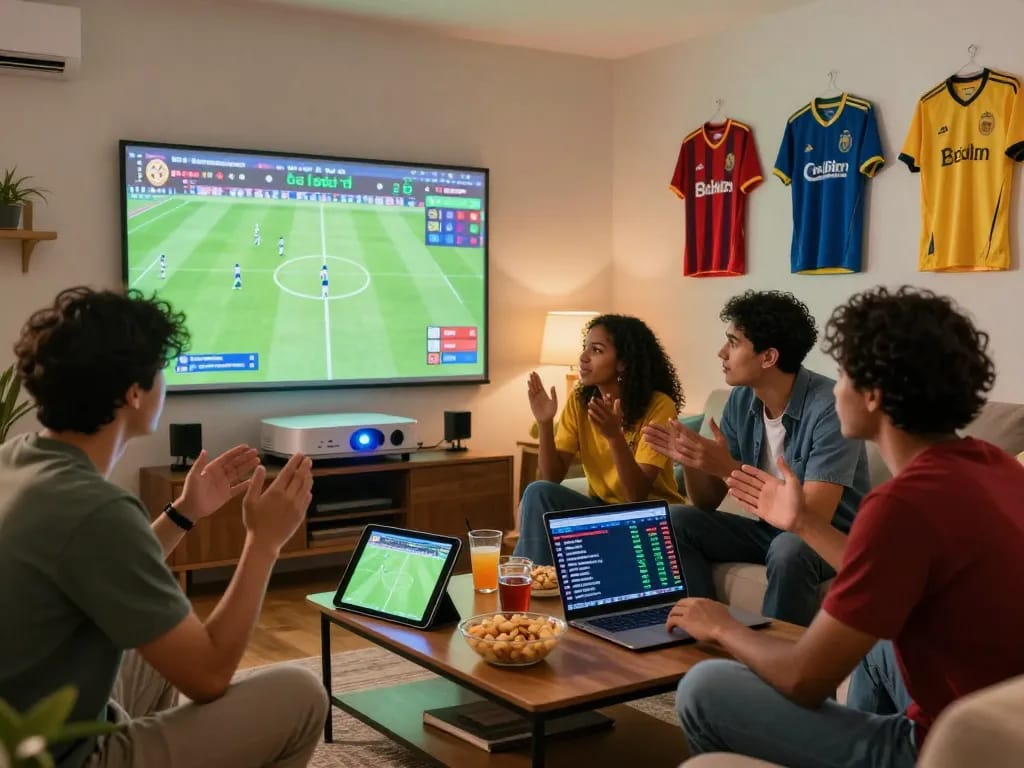Group analyzing tỷ lệ kèo bóng đá in a vibrant sports betting environment.