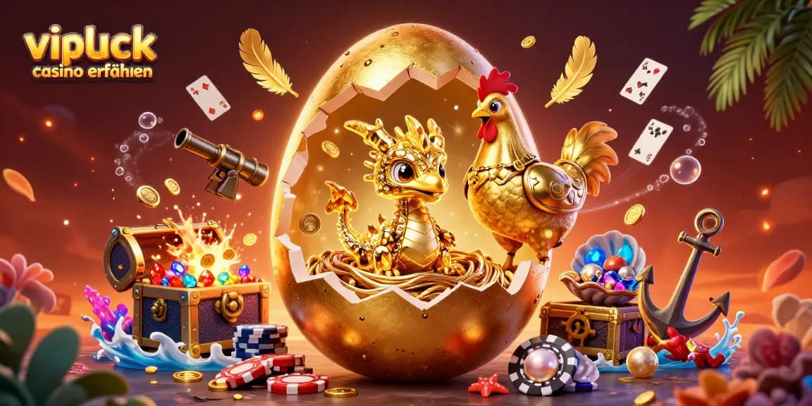 Entdecken Sie VIPLuck Casino Erfahrungen bei dieser farbenfrohen Casino-Illustration mit goldenen Drachen und Pokerchips.