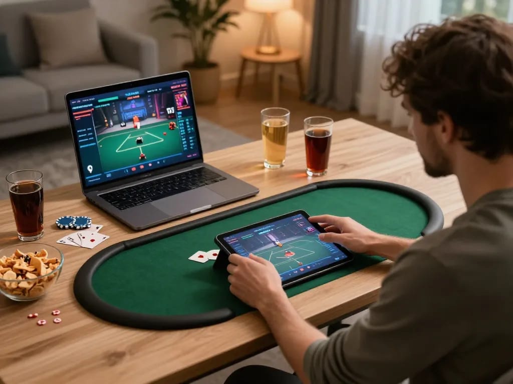 Engaging in a poker game on a tablet with rikvip in a cozy home setting, enjoying snacks and drinks.