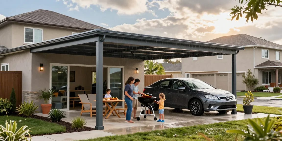 Moderne Carport-Struktur schützt das Auto vor den Elementen, während eine Familie ein Barbecue unter dem Carport genießt.