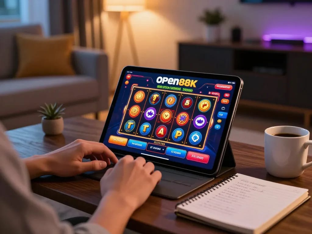 Engaging with open88k's casino app on a tablet while enjoying a cozy gaming session.