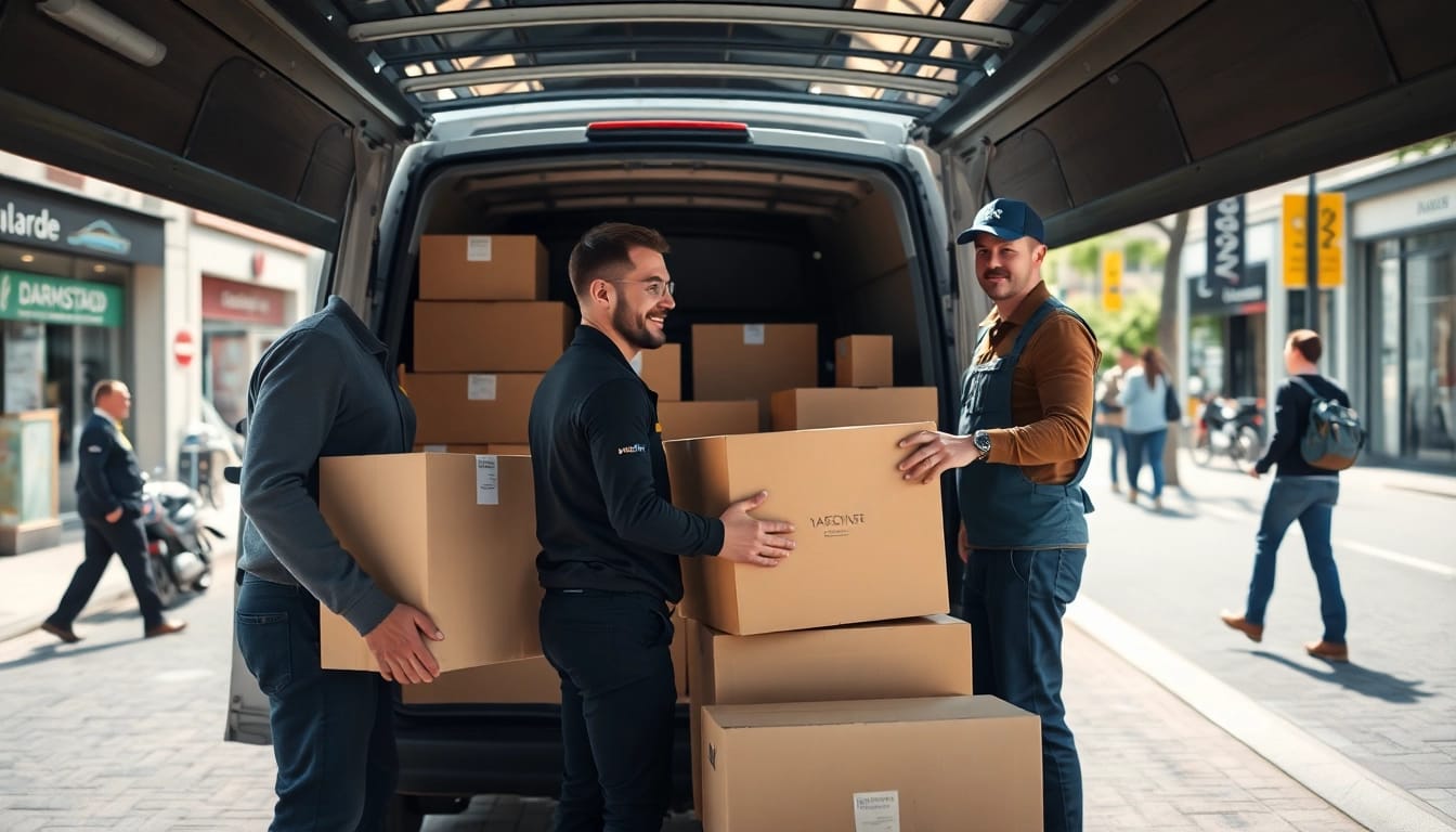 Umzugsunternehmen Darmstadt packt sorgfältig Umzugskartons in ein Lieferfahrzeug.