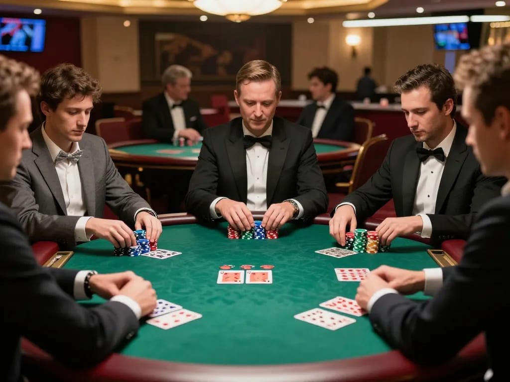 vuabet 88 players strategizing in a high-stakes poker game with colorful chips and cards