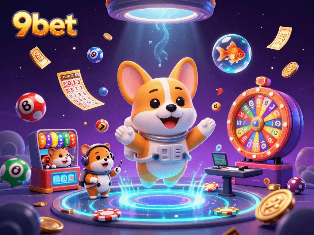 Experience the exciting world of 9bet as a floating astronaut corgi interacts with swirling lottery elements in a vibrant casino.