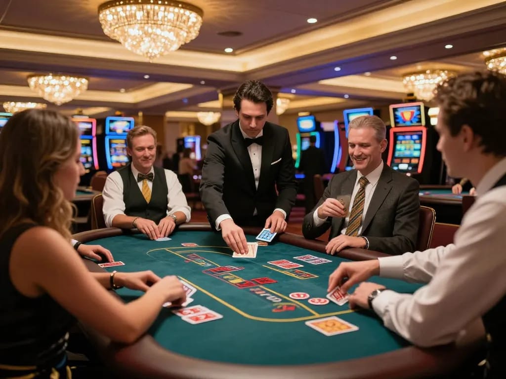 Players enjoying blackjack at 79king-vn casino, showcasing strategic gameplay in a vibrant atmosphere.
