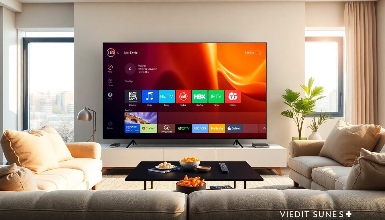 Iptv Anbieter modernen Wohnbereich mit großem Fernseher und einladender Atmosphäre