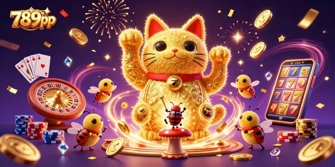 Experience the vibrant world of 789pp as golden fireflies shape a lucky cat surrounded by casino symbols, coins, and sparkling gems.