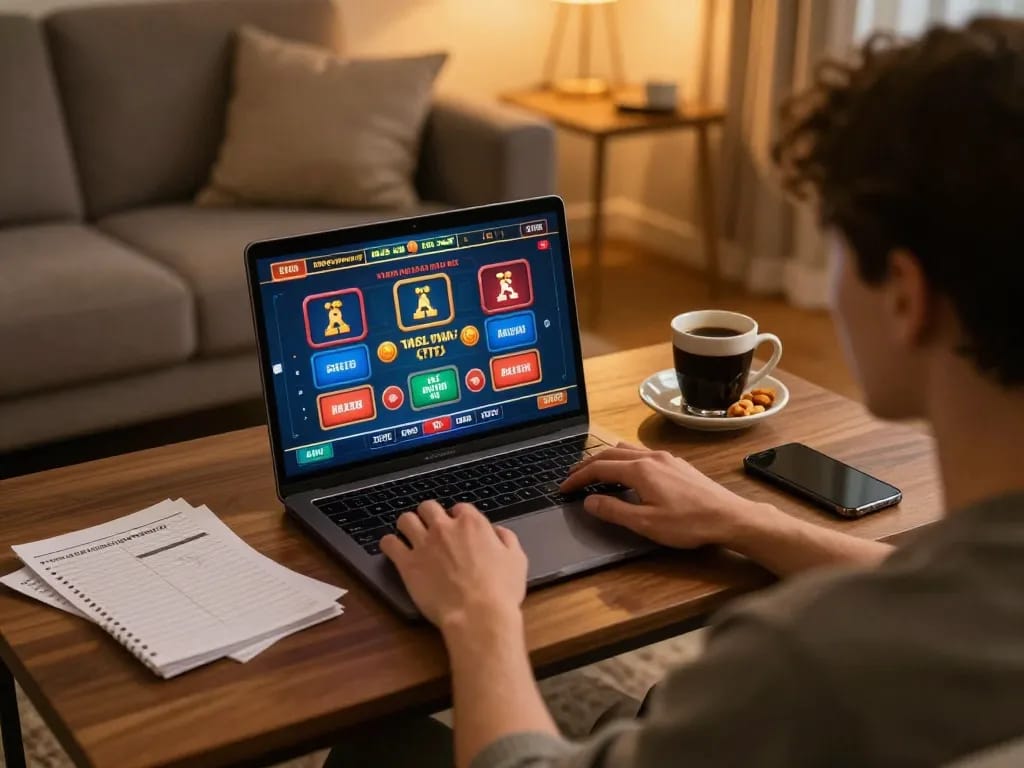 Engaging scene of a player đăng ký SC88 on a laptop, showcasing an inviting home gaming setup with strategy notes.